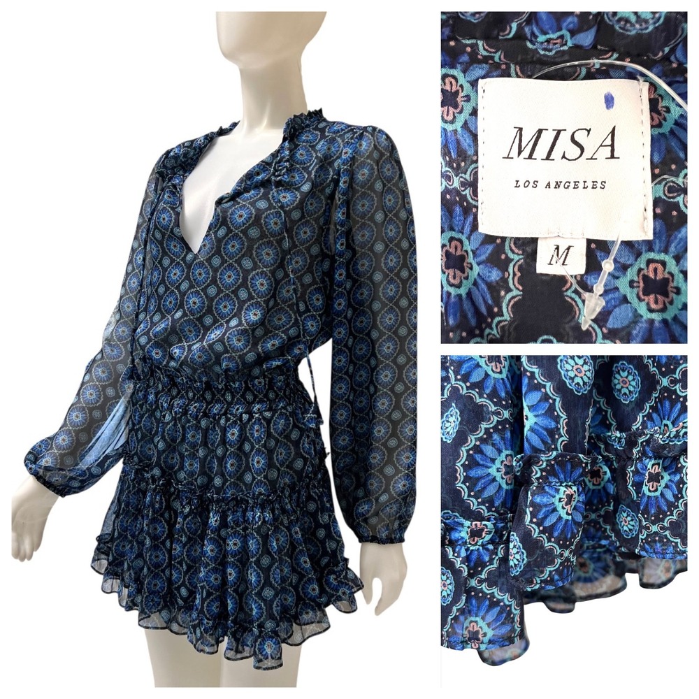 MISA Los Angeles Lorena Blue Mosaic Smocked‎ Ruffle Mini Dress M Boho Coquette